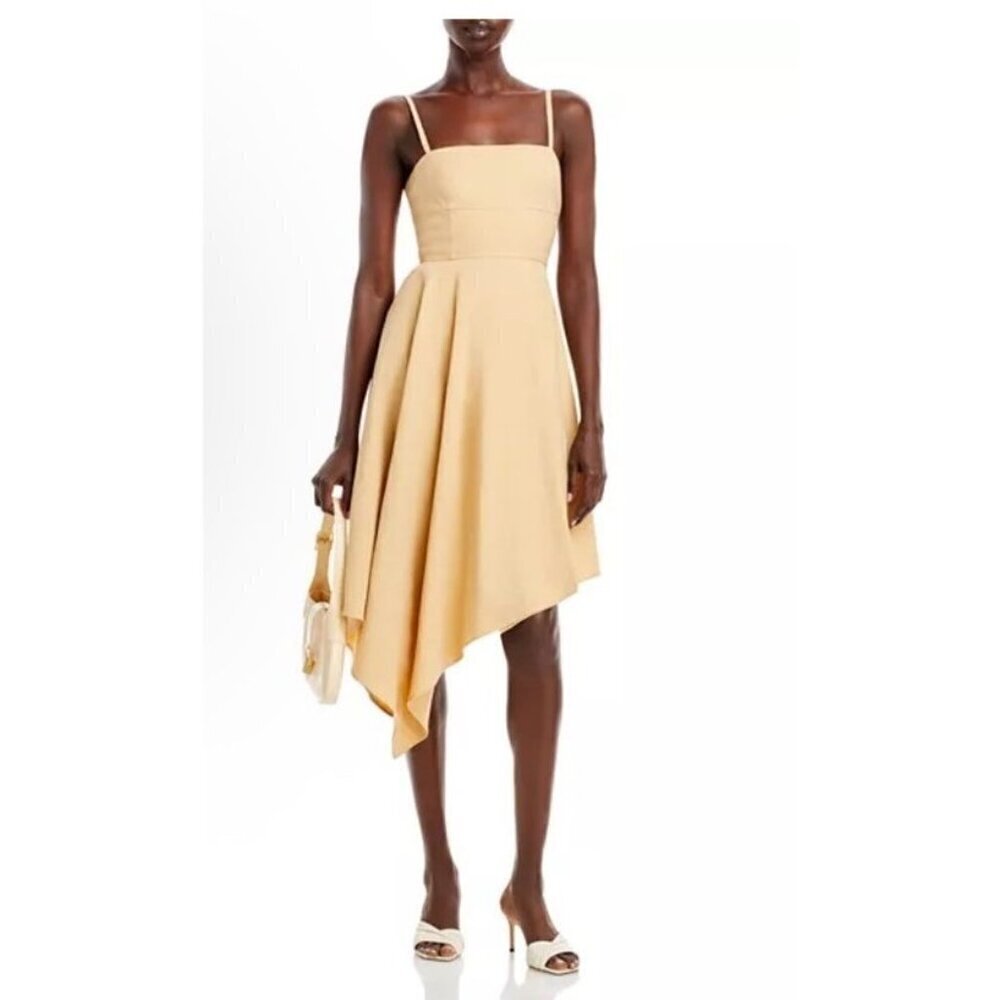 $551 A.L.C. Women's Beige Verona Asymmetric-Hem Midi Fit & Flare Dress Size 12